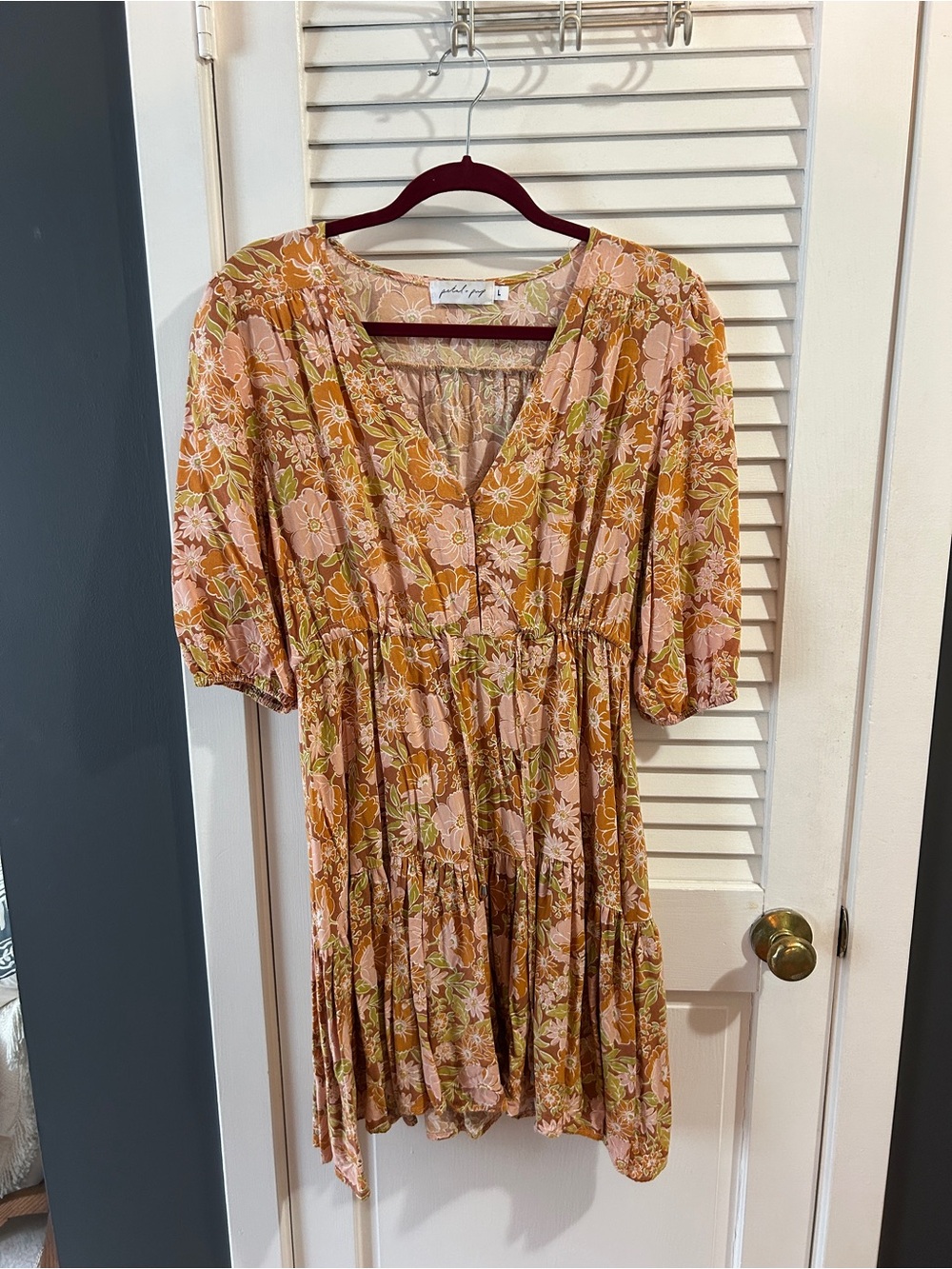 Petal & Pup Tiered V-Neck Mini Dress in Peach